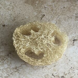 Tranche de luffa sur une pierre de travertin