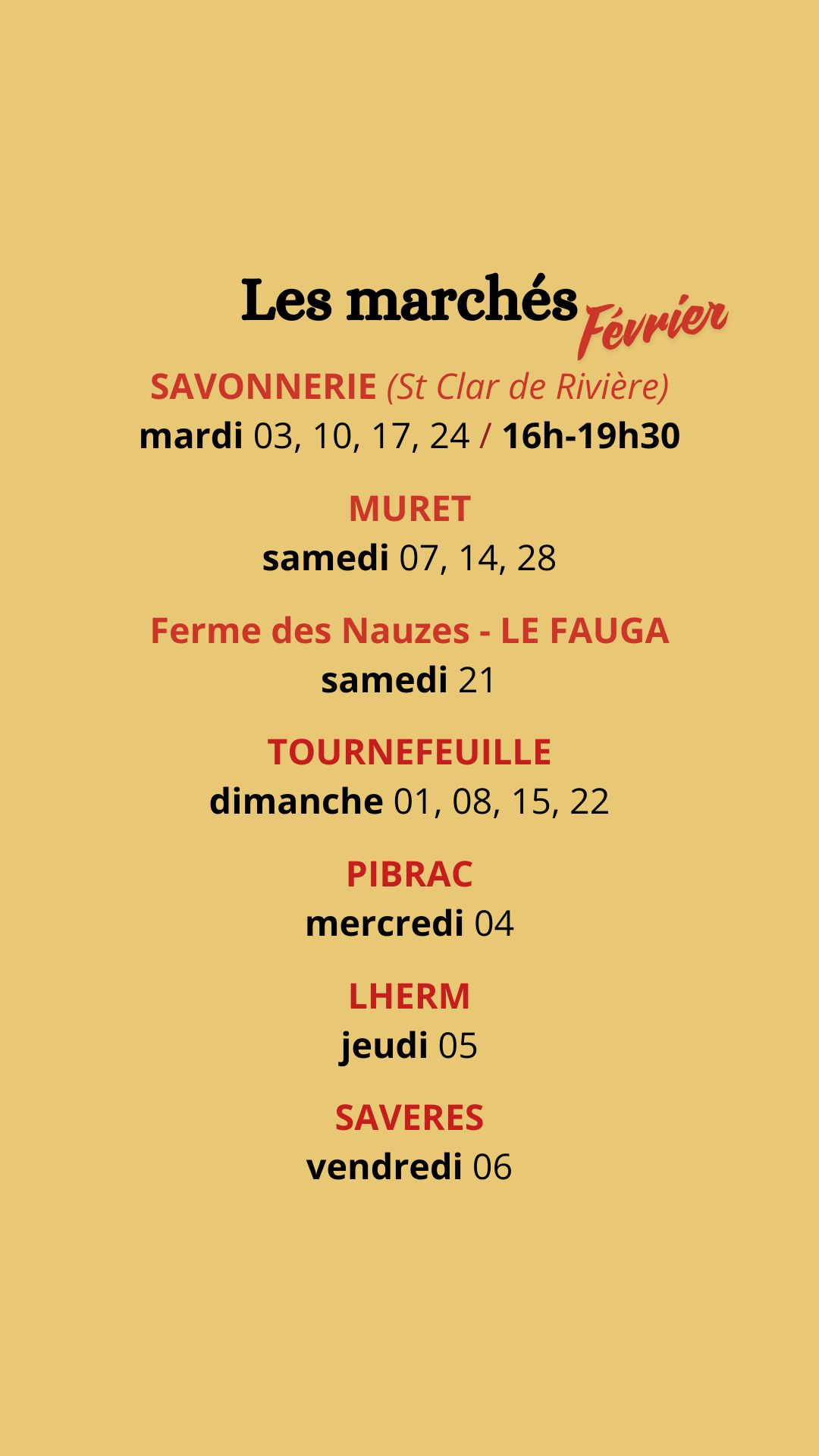 Liste des marchés du mois de février