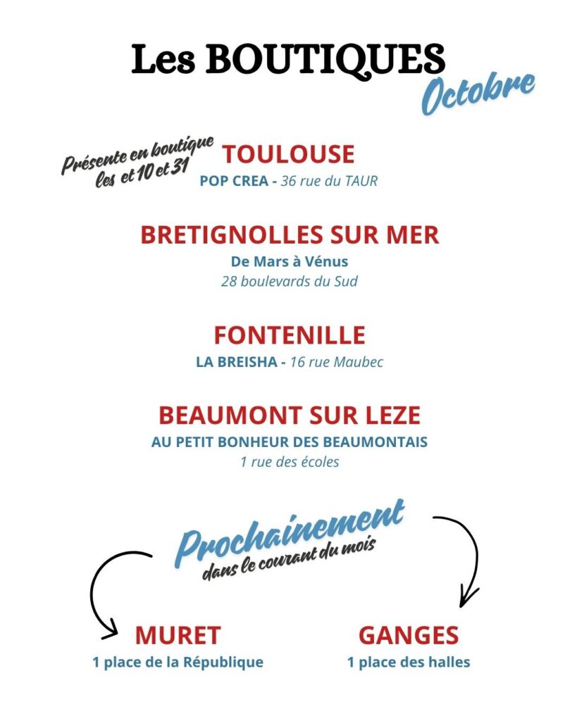 Liste des boutiques revendeuses des savons artisanaux Les Savons de Solène en octobre 2026 : Toulouse, Bretignolles-sur-Mer, Fontenilles, Beaumont-sur-Lèze, bientôt Muret et Ganges
